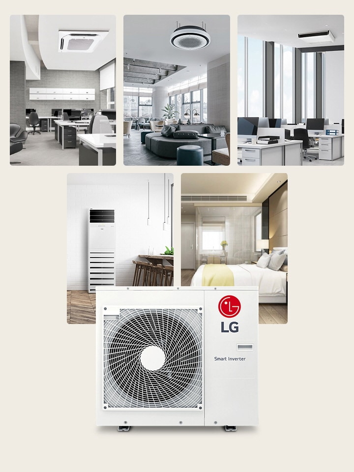 แสดงยูนิตภายนอกอาคาร LG Smart Inverter ไว้ตรงกลาง โดดเด่นด้วยเคสติดตั้งเครื่องภายในอาคารต่างๆ จากด้านหลัง