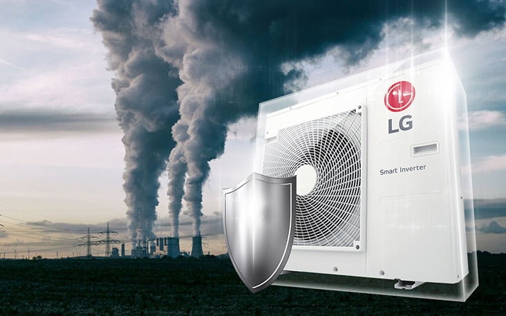 ยูนิตภายนอกอาคาร LG Smart Inverter อยู่ทางด้านซ้าย ในขณะที่ยูนิตภายในอาคารแบบตั้งพื้น LG ติดตั้งอยู่ในพื้นที่รับประทานอาหารทางด้านขวา