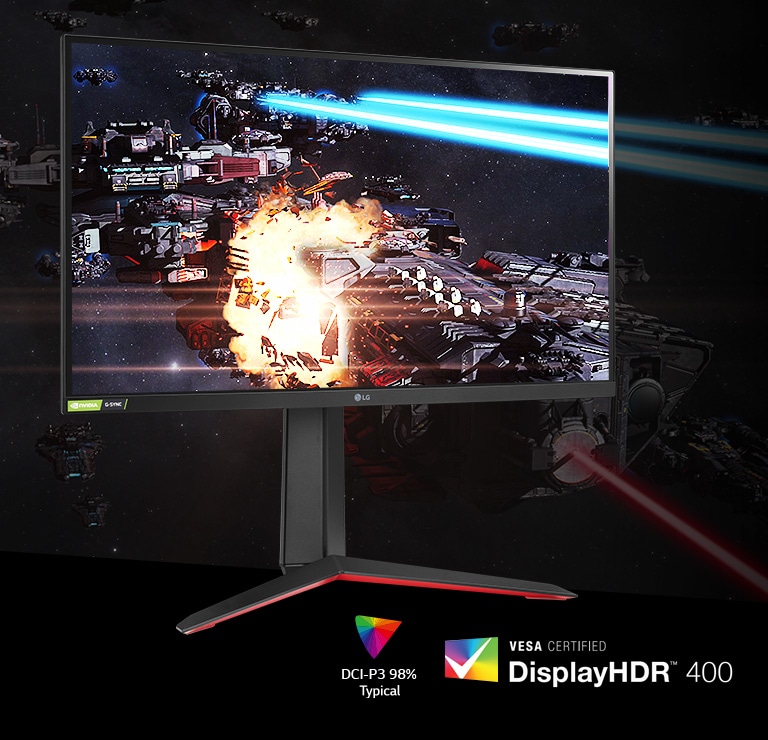 ฉากการเล่นเกมที่มีสีสันสดใสและคอนทราสต์บนจอภาพที่รองรับ HDR400 พร้อม DCI-P3 98% (ทั่วไป)