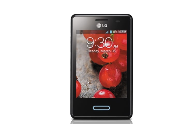 มุมมองด้านหน้าของ OPTIMUS L3 II E425 แอนดรอยด์สมาร์ทโฟน 4.1 Jelly Bean นำเทรนด์ด้วยดีไซน์ล้ำยุค หน้าจอขนาด 3.2 นิ้ว พร้อมหน่วยความจำภายใน 4 GB  E425 Optimus L3 II