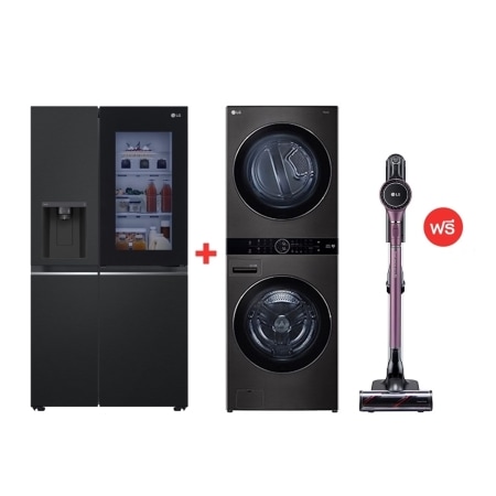 มุมมองด้านหน้าของ ตู้เย็น Instaview Door-in-Door รุ่น GC-X257SQZW พร้อมกับ Wash Tower รุ่น WT2116SHBB ฟรี เครื่องดูดฝุ่น รุ่น A9K-CORE SXSWTBL.A9KU