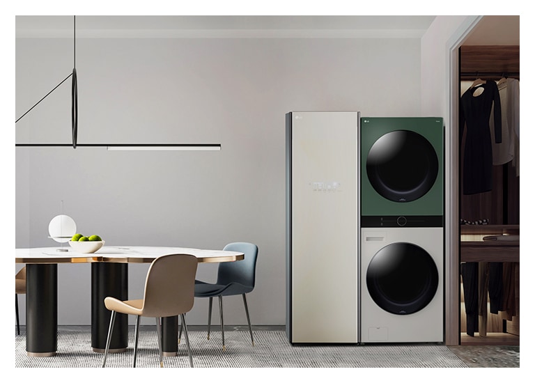 มี Styler และ WashTower สีเบจหม่นในห้องเอนกประสงค์