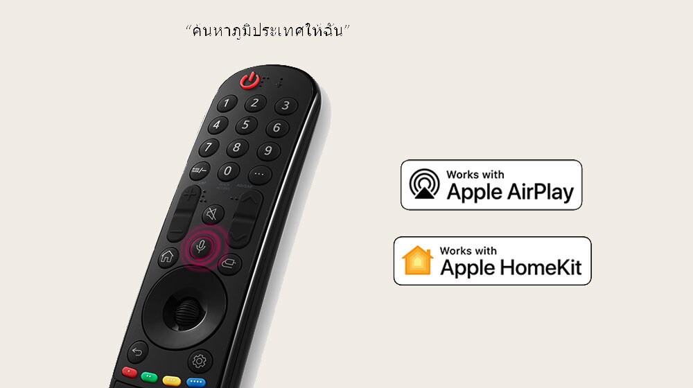 รีโมทคอนโทรลพร้อมกรอบคำพูดอ่านว่า “ค้นหาภูมิประเทศให้ฉัน” แสดงภาพโลโก้ของบริการ OTT ในเครือ