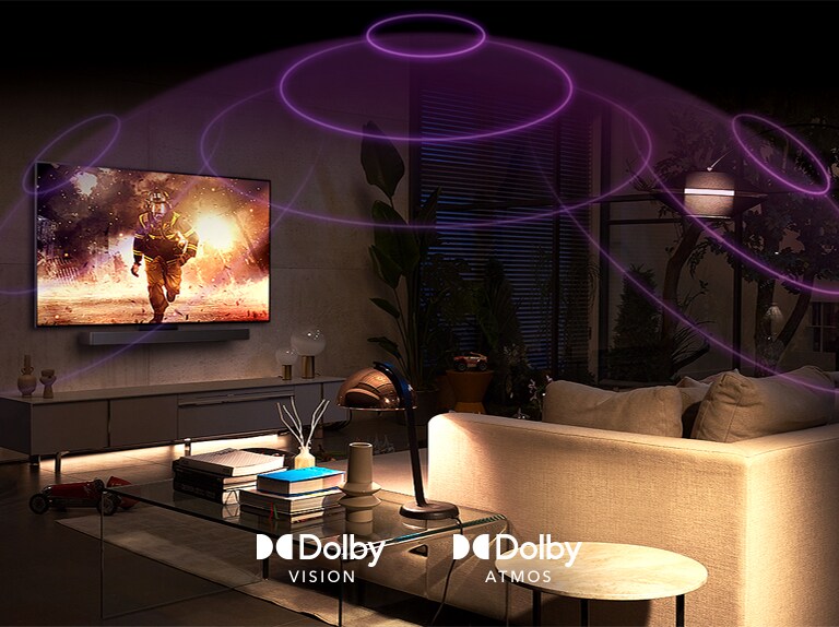 ภาพของทีวี LG OLED ในห้อง กำลังฉายภาพยนตร์แอคชั่น คลื่นเสียงสร้างโดมระหว่างโซฟาและทีวี ถ่ายทอดเสียงรอบทิศทางที่ชวนดื่มด่ำ