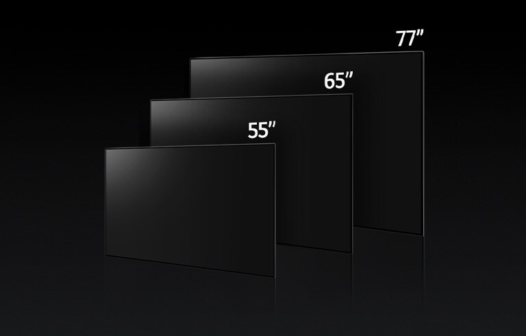 ภาพเปรียบเทียบขนาดต่างๆ ของ LG OLED G3 ซึ่งแสดงขนาด 55", 65" และ 77"