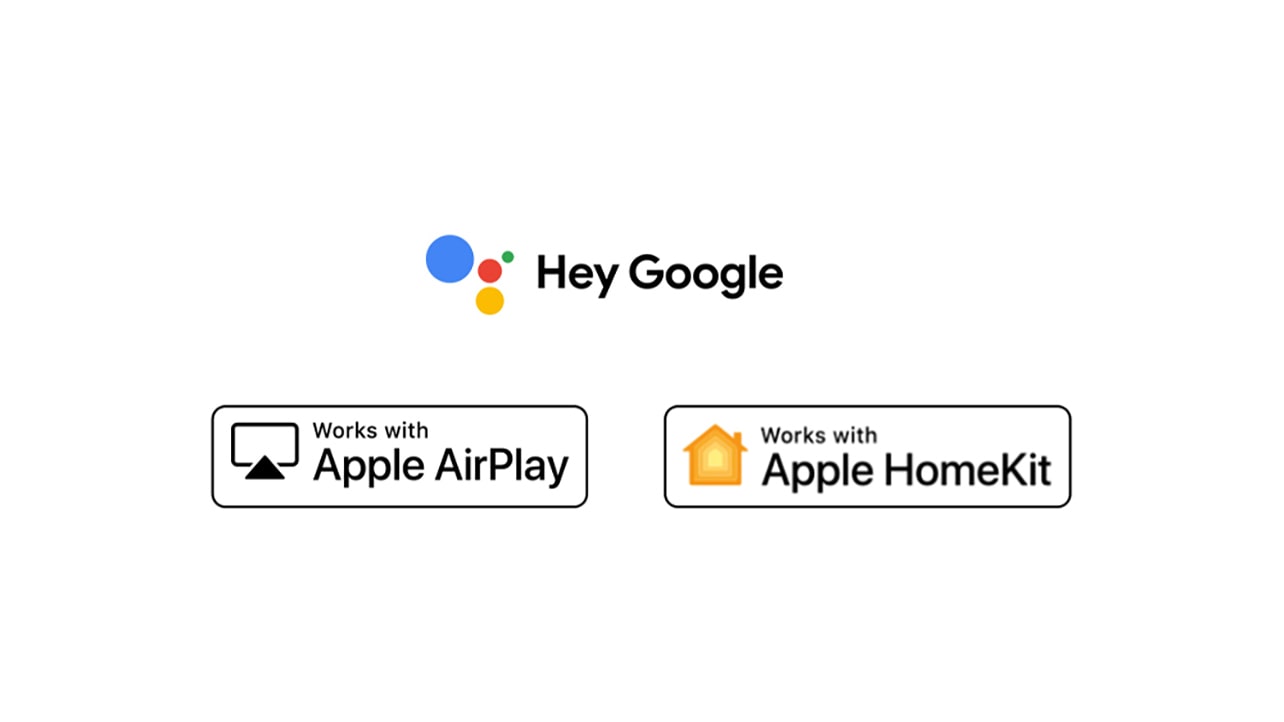 โลโก้สี่ตัวถูกแทนที่ตามลำดับ – สวัสดี Google, ทำงานร่วมกับ Apple AirPlay, ทำงานร่วมกับ Apple HomeKit