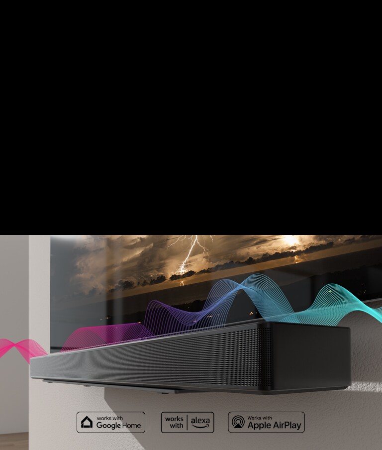 ซาวด์บาร์แขวนอยู่บนผนังโดยมีทีวีอยู่ด้านบน คลื่นเสียงข้ามไปมาระหว่างอุปกรณ์ทั้งสอง โดยเปลี่ยนสีจากสีแดงเป็นสีน้ำเงิน