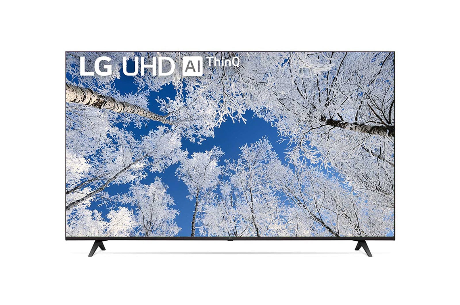 มุมมองด้านหน้าของทีวี LG UHD พร้อมรูปภาพและโลโก้ผลิตภัณฑ์