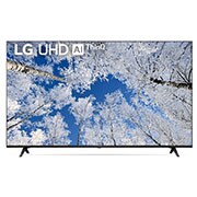 มุมมองด้านหน้าของทีวี LG UHD พร้อมรูปภาพและโลโก้ผลิตภัณฑ์