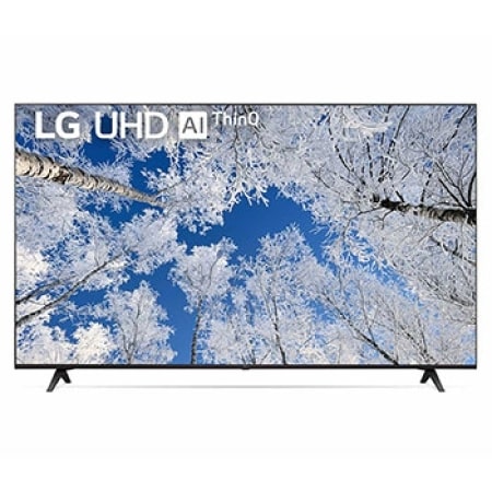 มุมมองด้านหน้าของทีวี LG UHD พร้อมรูปภาพและโลโก้ผลิตภัณฑ์