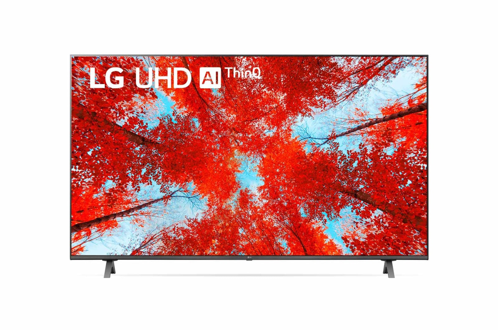 มุมมองด้านหน้าของทีวี LG UHD พร้อมรูปภาพและโลโก้ผลิตภัณฑ์