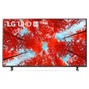 มุมมองด้านหน้าของทีวี LG UHD พร้อมรูปภาพและโลโก้ผลิตภัณฑ์