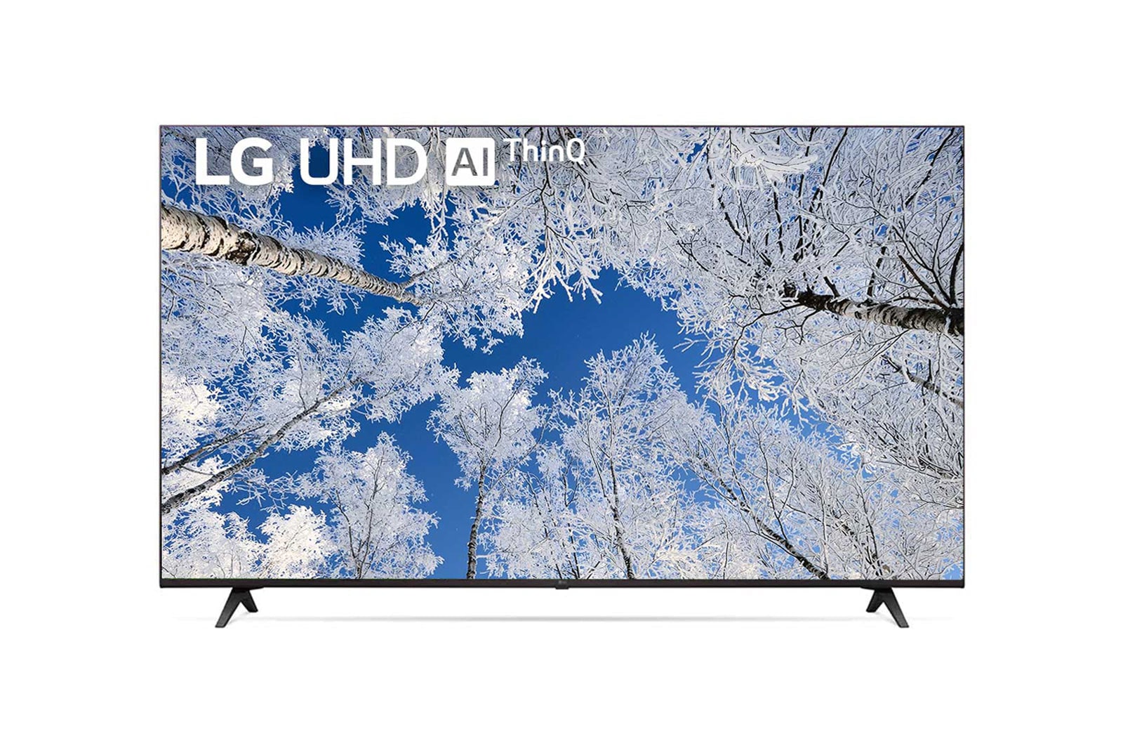มุมมองด้านหน้าของทีวี LG UHD พร้อมรูปภาพและโลโก้ผลิตภัณฑ์