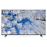 มุมมองด้านหน้าของทีวี LG UHD พร้อมรูปภาพและโลโก้ผลิตภัณฑ์