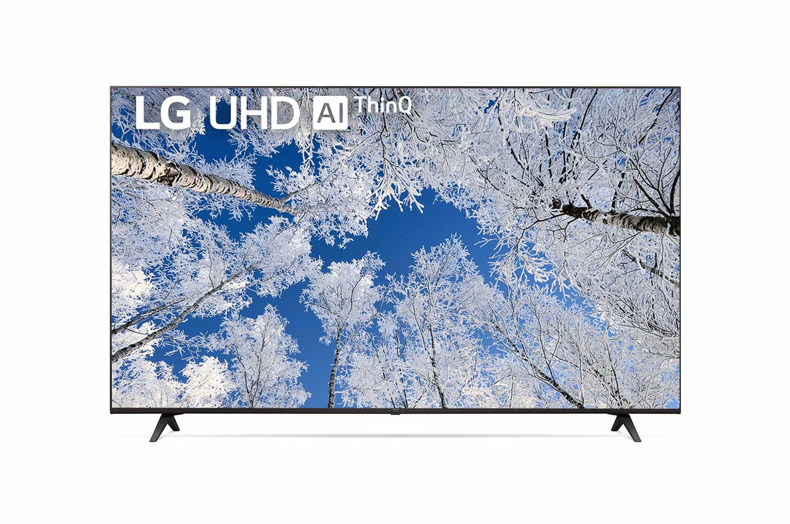 มุมมองด้านหน้าของทีวี LG UHD พร้อมรูปภาพและโลโก้ผลิตภัณฑ์