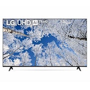 มุมมองด้านหน้าของทีวี LG UHD พร้อมรูปภาพและโลโก้ผลิตภัณฑ์