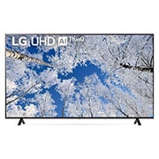 มุมมองด้านหน้าของทีวี LG UHD พร้อมรูปภาพและโลโก้ผลิตภัณฑ์