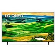 มุมมองด้านหน้าของทีวี LG QNED พร้อมรูปภาพและโลโก้ผลิตภัณฑ์