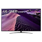 มุมมองด้านหน้าของทีวี LG QNED พร้อมรูปภาพและโลโก้ผลิตภัณฑ์