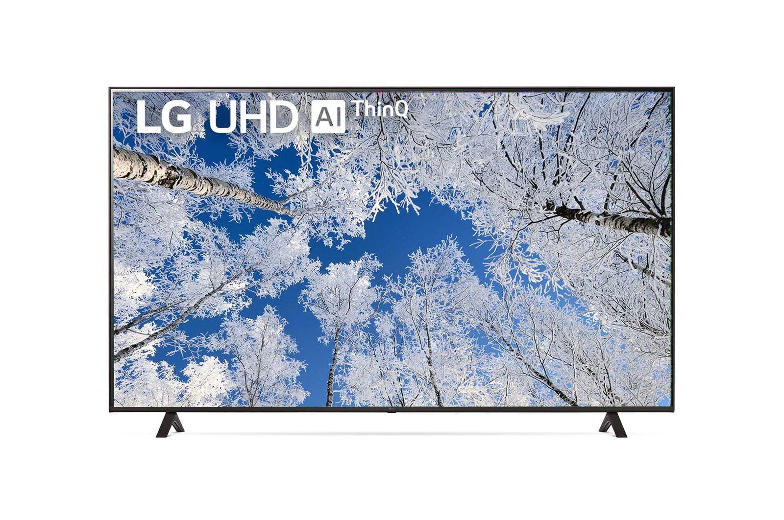 มุมมองด้านหน้าของทีวี LG UHD พร้อมรูปภาพและโลโก้ผลิตภัณฑ์