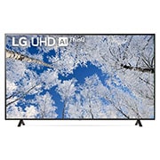 มุมมองด้านหน้าของทีวี LG UHD พร้อมรูปภาพและโลโก้ผลิตภัณฑ์