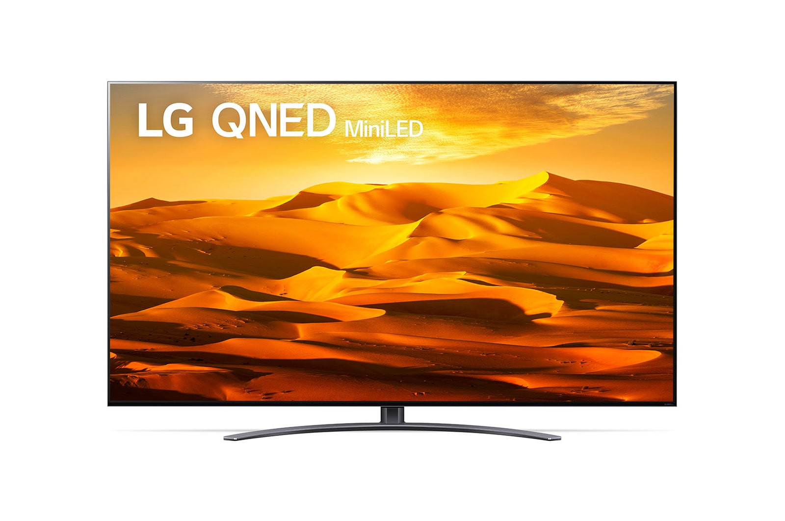 มุมมองด้านหน้าของทีวี LG QNED พร้อมรูปภาพและโลโก้ผลิตภัณฑ์