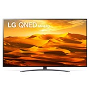 มุมมองด้านหน้าของทีวี LG QNED พร้อมรูปภาพและโลโก้ผลิตภัณฑ์