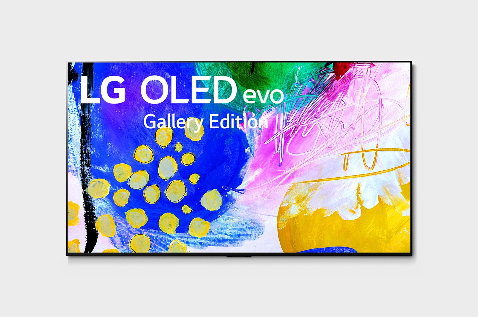 มุมมองด้านหน้าที่มี LG OLED evo Gallery Edition บนหน้าจอ
