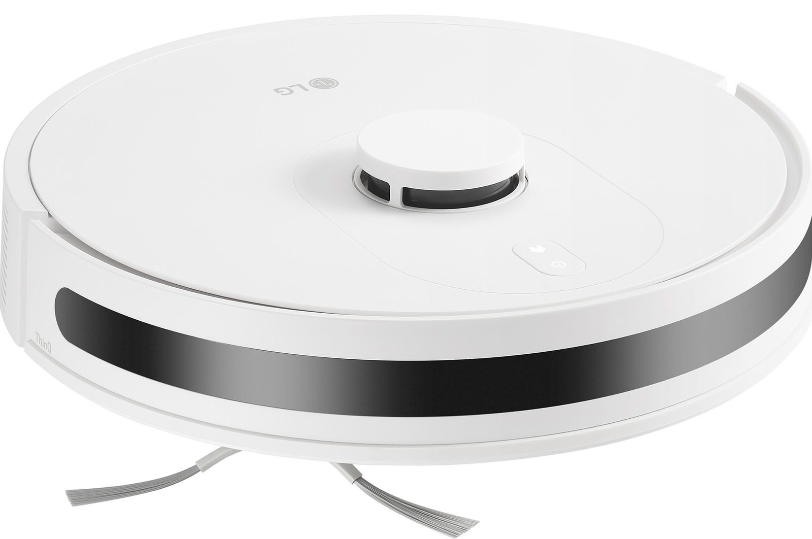 มุมมองฝั่งหัวดูดของหุ่นยนต์ดูดฝุ่น LG CordZero R5-MAX มีผ้าถูพื้น 2 แถบ ตัวเครื่องทรงกลมแบน มีแถบเซ็นเซอร์สีดำ