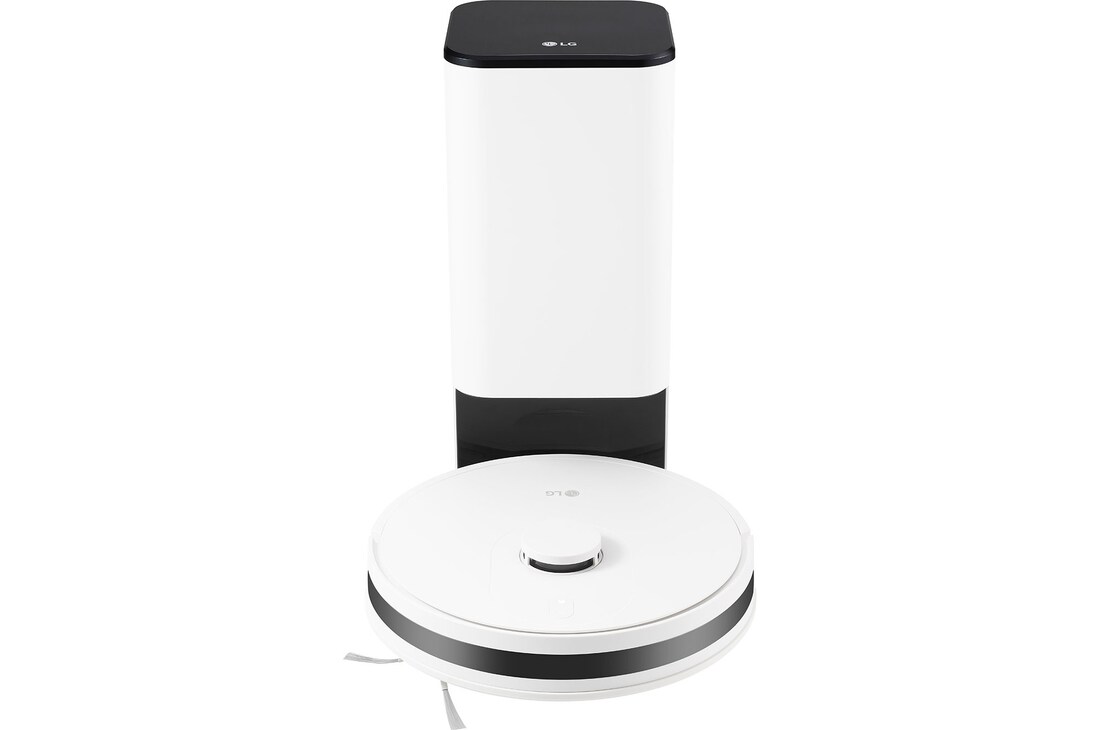 มุมมองด้านหน้าของหุ่นยนต์ดูดฝุ่นพร้อมแท่นชาร์จ LG CordZero R5T-MAX ในโทนสีขาวดำทั้งตัวเครื่องและแท่น
