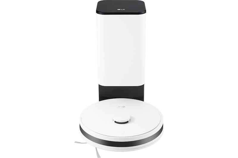 มุมมองด้านหน้าของหุ่นยนต์ดูดฝุ่นพร้อมแท่นชาร์จ LG CordZero R5T-MAX ในโทนสีขาวดำทั้งตัวเครื่องและแท่น