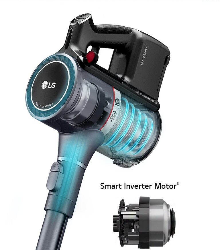 เครื่องดูดฝุ่น LG CordZero พร้อมมอเตอร์ Smart Inverter แสดงประสิทธิภาพการดูดฝุ่นอยู่ทางด้านขวาของภาพ.