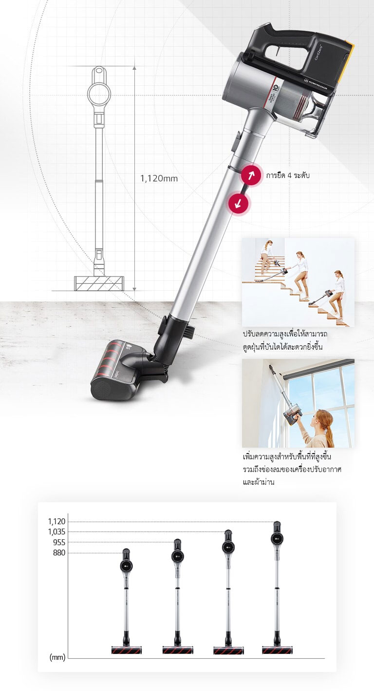 เครื่องดูดฝุ่น LG ปรับระดับได้ 4 ขั้น ใช้งานสะดวกในบ้านด้วยความสูงถึง 1120 มม