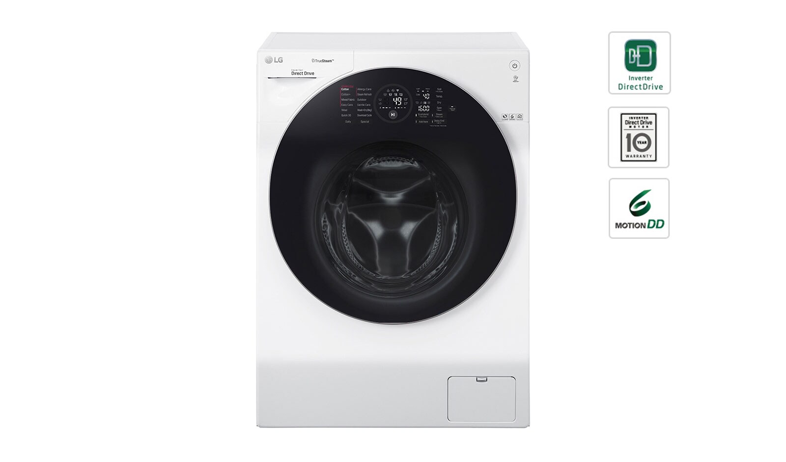 มุมมองด้านหน้าของ เครื่องซักผ้าฝาหน้า รุ่น FG1612H2W ระบบ True Steam™ ความจุซัก 12 กก./อบ 8 กก. พร้อม Smart WI-FI control ควบคุมสั่งงานผ่านสมาร์ทโฟน FG1612H2W