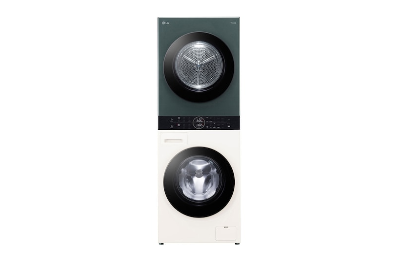 มุมมองด้านหน้าของ Wash Tower ซักผ้า 14 กก. และอบผ้า 10 กก. รุ่น WT1410NHEG ระบบ AI DD™ พร้อม Smart WI-FI control ควบคุมสั่งงานผ่านสมาร์ทโฟน WT1410NHEG