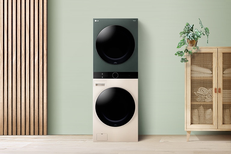 LG Objet WashTower ที่ตั้งวางอยู่ในห้องซักรีดสามารถกลมกลืนกับเฟอร์นิเจอร์และการตกแต่งภายในโดยรอบ