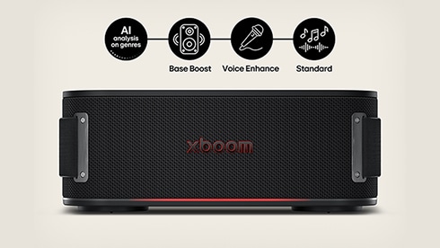 ด้านบนของภาพด้านหน้าของ LG xboom แนะนําคุณสมบัติ "การวิเคราะห์ AI เกี่ยวกับประเภท" รองรับ Base Boost, Voice Enhance และ Standard