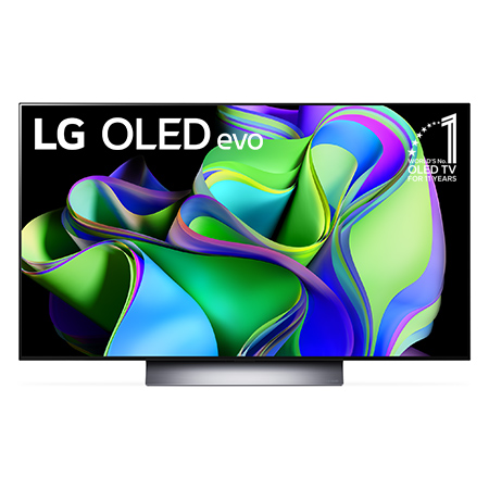 มุมมองด้านหน้าพร้อมด้วย LG OLED evo และสัญลักษณ์ 10 ปี OLED อันดับ 1 ของโลกบนหน้าจอ