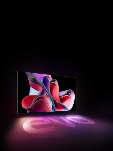 ภาพ LG OLED G3 ฉายฉากหลังสีดำที่กำลังแสดงผลงานศิลปะแบบนามธรรมสีชมพูและสีม่วงสดใส จอแสดงผลฉายเงาหลากสีสันซึ่งช่วยเน้นคำว่า evo มีสัญลักษณ์ทีวี OLED อันดับ 1 ของโลก 10 ปีซ้อนอยู่ที่ด้านซ้ายในภาพนี้