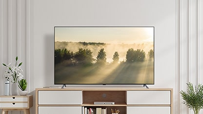 LG OLED A2 อยู่ในห้องสีขาวสว่างที่มีลวดลายไม้และแมกไม้เขียวขจี
