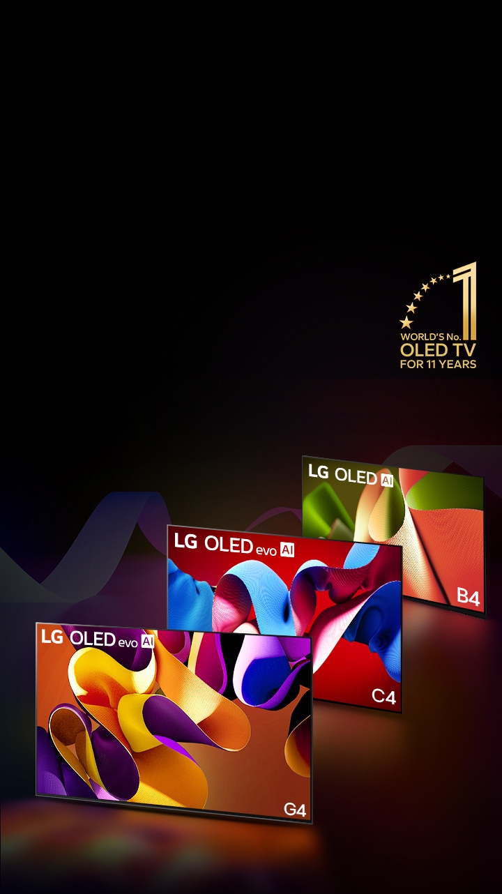 PC: LG OLED evo G4, LG OLED evo C4 ve LG OLED B4’ün yan yana görüntüsü. Her bir ekranda farklı renkte soyut sanat eseri görüntüleniyor. Her bir TV ekranından aşağıdaki zemine ışık yansıyor. Sağ üst köşede altın rengi 11 Yıldır Dünyanın 1 Numaralı OLED TV’si amblemi. Diğer tarafta ise LG OLED evo G4, LG OLED evo C4 ve LG OLED B4’ün aynı görüntüleri bir mobil cihazda sıralı halde gösteriliyor.