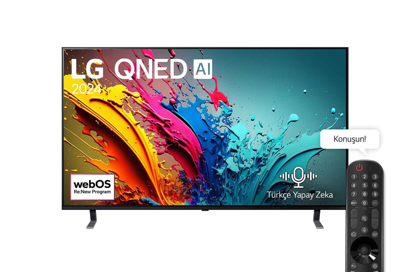LG QNED TV, QNED85’un önden görünümü. Ekranda LG QNED, 2024 yazısı ve webOS Re:New Program logosu yer alıyor.