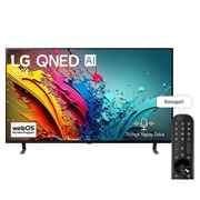 LG QNED TV, QNED85’un önden görünümü. Ekranda LG QNED, 2024 yazısı ve webOS Re:New Program logosu yer alıyor.