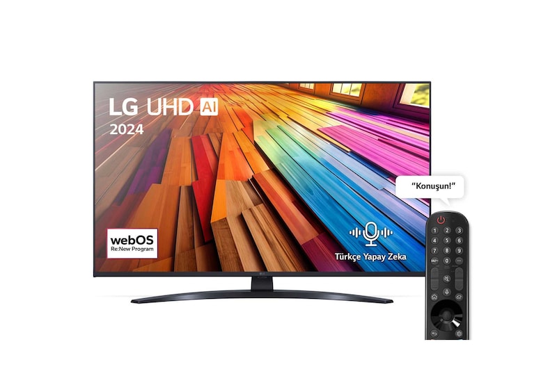 LG UHD TV, UT81’un önden görünümü. Ekranda LG UHD AI ThinQ, 2024 yazısı ve webOS Yenileme Programı logosu yer alıyor.