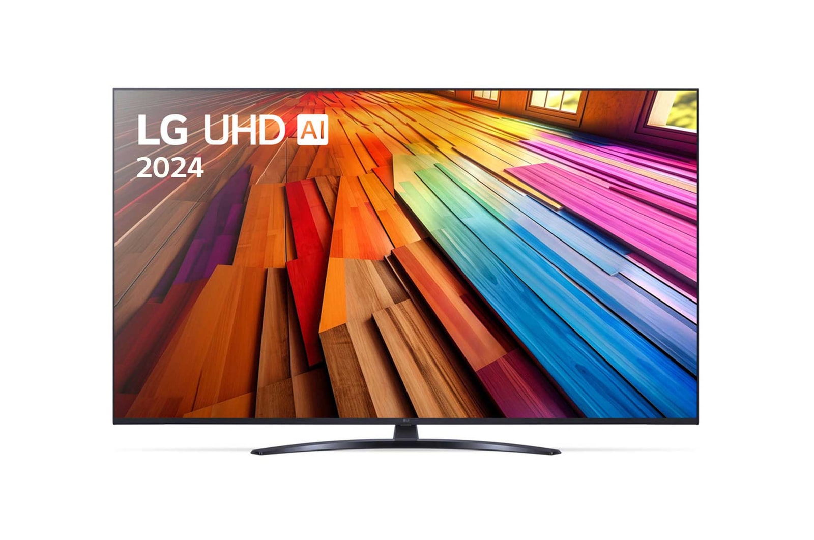 LG UHD TV, UT80’un önden görünümü. Ekranda LG UHD AI ThinQ, 2024 yazısı ve webOS Re:New Program logosu yer alıyor.