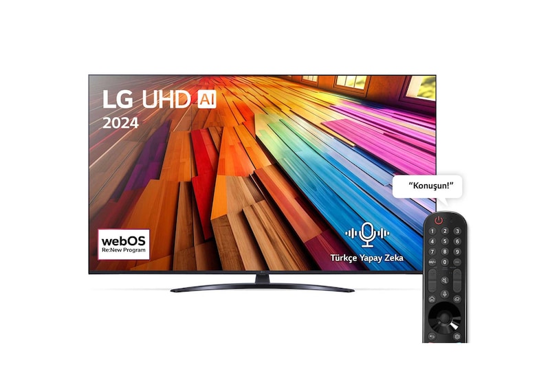 LG UHD TV, UT81’un önden görünümü. Ekranda LG UHD AI ThinQ, 2024 yazısı ve webOS Yenileme Programı logosu yer alıyor.