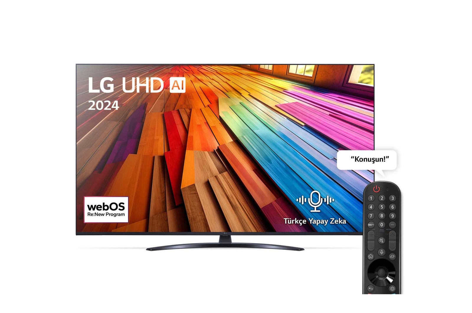 LG UHD TV, UT81’un önden görünümü. Ekranda LG UHD AI ThinQ, 2024 yazısı ve webOS Re:New Program logosu yer alıyor.