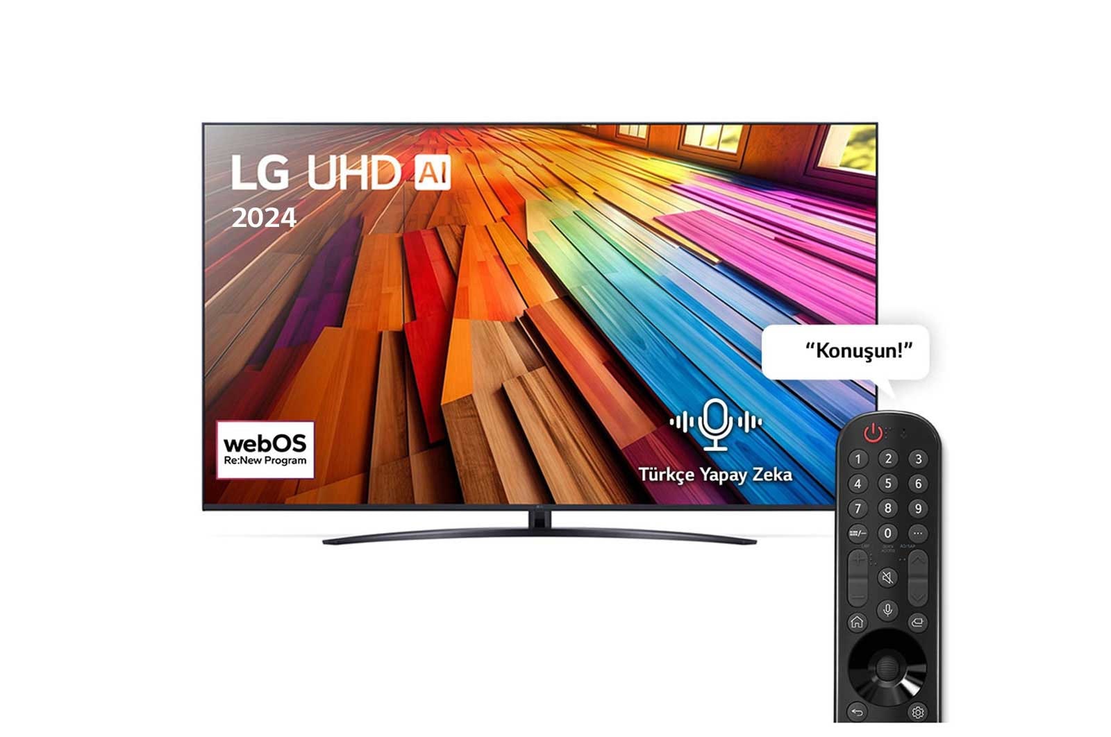 LG UHD TV, UT81’un önden görünümü. Ekranda LG UHD AI ThinQ, 2024 yazısı ve webOS Re:New Program logosu yer alıyor.