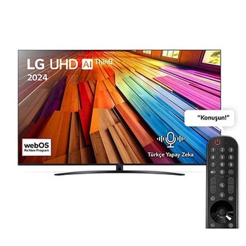 LG UHD TV, UT81’un önden görünümü. Ekranda LG UHD AI ThinQ, 2024 yazısı ve webOS Re:New Program logosu yer alıyor.