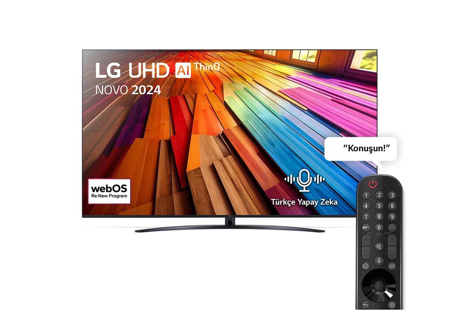 LG UHD TV, UT81’un önden görünümü. Ekranda LG UHD AI ThinQ, 2024 yazısı ve webOS Re:New Program logosu yer alıyor.